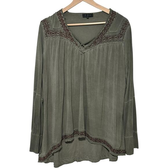 POL Gray/Green Embroidered Long Sleeve Oversized Tunic Top (M) - Picture 2 of 15